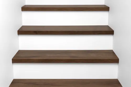 Front view of Urban Surfaces' All-In-One SPC Stair Treads installed on a staircase. Color is 2906 Chestnut  Full Tread from the Stair Tread product line.2906 Chestnut  Full Tread